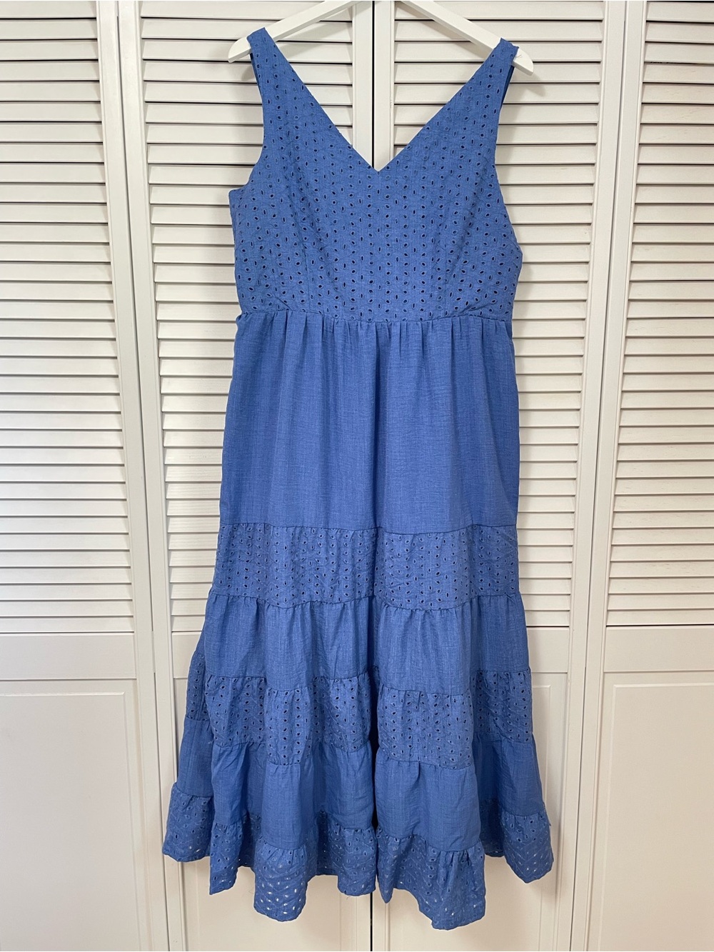 NWT Vince Camuto Women Large Blue Eyelet Lace Tiered Maxi Dress Western Festival
